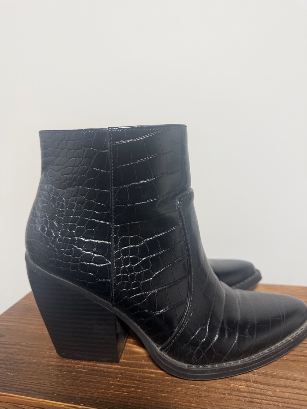 Madden Girl Black Croc-Embossed Block Heel Ankle Boots - Women